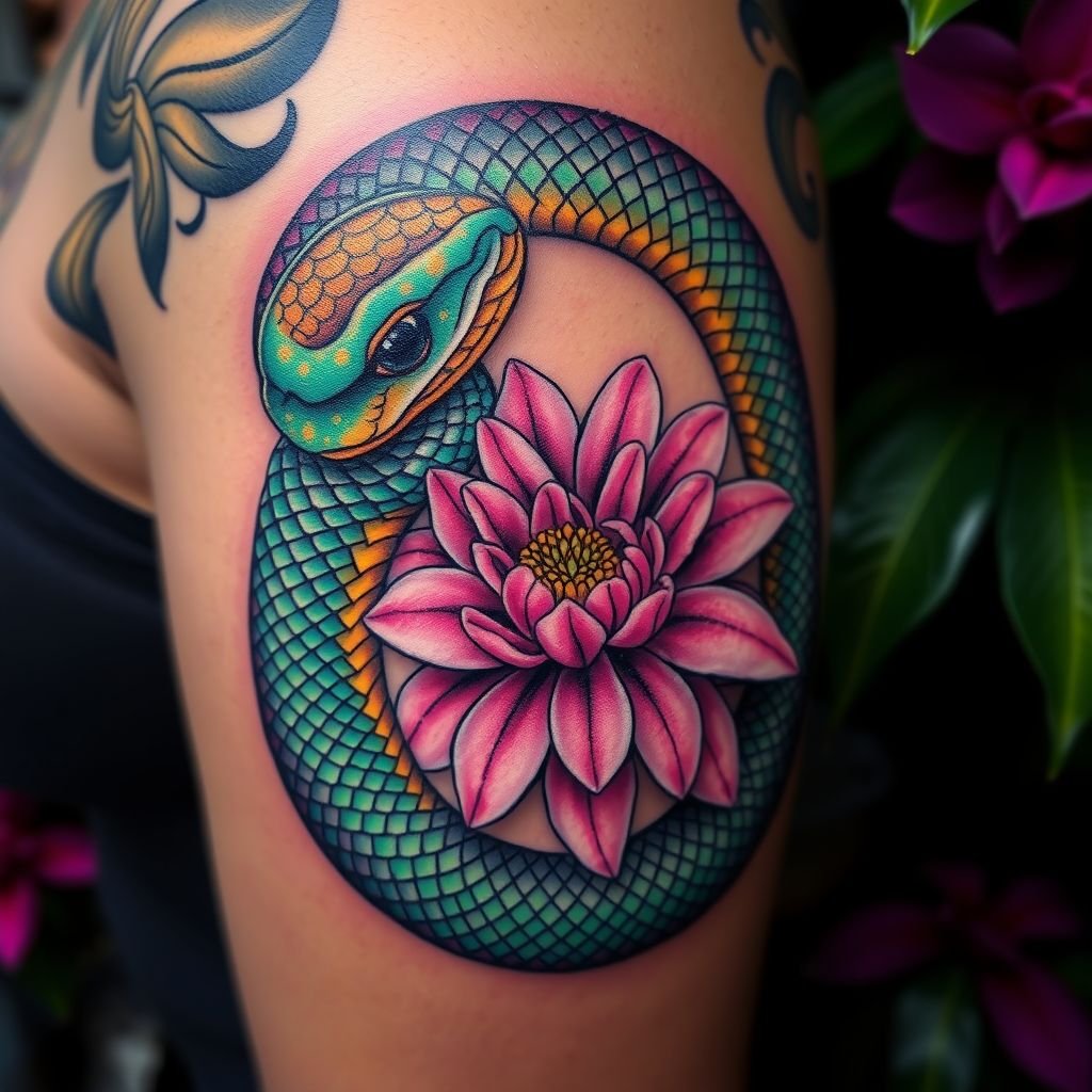 Vibrant, intricate snake tattoo coiling around a delicate flower, "Echinacea." Rich colors of emerald green and deep purple, scales shimmering with hints of gold. Intricate patterns on the snake's body, contrasting with the soft, pink petals of the Echinacea. Background blurred, a hint of exotic foliage surrounding the design.
