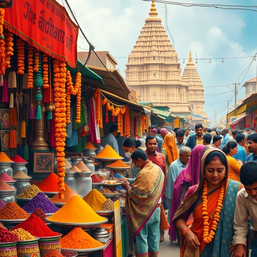 A vibrant Indian market scene, bustling with life. Colorful stalls adorned with spices, textiles, and handcrafted jewelry. Rich hues of saffron, turmeric, and indigo blending together. Intricate patterns on fabrics, the aroma of street food wafting through the air. Ornate temples in the background, lively chatter, and delicate marigold garlands.