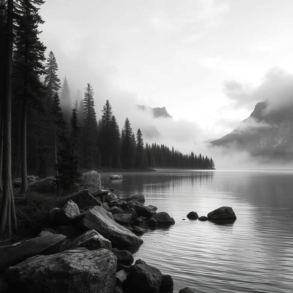 Pictures of tranquil forests, misty mountains, and serene lakes. Monochrome color palettes in shades of gray and black. Abstract compositions intertwining organic shapes and patterns. Realistic depictions of trees, rocks, and water, blended into a harmonious unity. Textures of bark, ripples on water, and soft clouds, evoking calm and reflection.