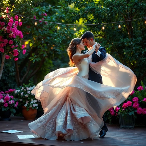 Elegant ballroom dancers in intricate costumes, swirling fabric catching soft sunlight. An intimate outdoor stage adorned with vibrant flowers and twinkling fairy lights. A gentle breeze rustling the nearby trees. Intimate expressions reflecting a deep connection, music sheets scattered nearby. Lush greenery encircling, providing a serene and romantic atmosphere.