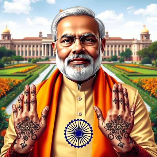 A charismatic Narendra Modi portrait, draped in traditional Indian attire, vibrant saffron kurta, and a serene expression. A backdrop of the Indian Parliament, with lush green gardens and blooming marigolds. Subtle patterns of intricate henna designs on hands, an outline of the Indian flag, symbolizing unity and pride in the air.
