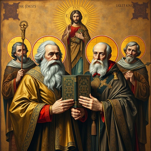 Byzantine artistry, intricate golds enveloping Marx and Engels, holding the Holy Book "Capital." Saints in elaborate robes, their scepters symbolizing authority and knowledge, surround them. Rich fresco materials, textured backgrounds, ornate details. Christ Pantocrator iconography above, radiating divine light, merging economic ideology with sacred tradition. A unique spiritual dialogue.