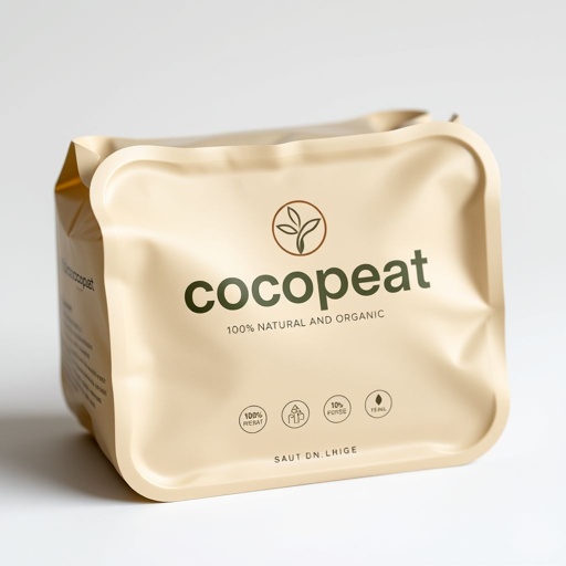 Packaging design showcasing cocopeat, 100% natural and organic. A neutral color scheme harmonizes with the plastic material. Custom die-cut shape emphasizes organic style. Geometric icons and graphics enhance visual appeal. Logo-centric branding prominently displayed, evoking a sense of sustainability. Clean lines and natural textures create a modern, eco-friendly aesthetic.