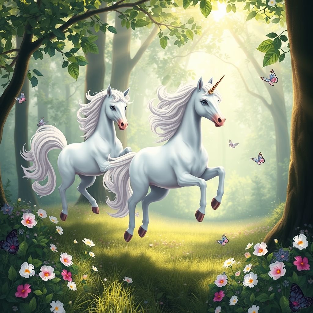A serene forest glade filled with soft pastel hues, dappled sunlight filtering through leafy canopies. Graceful unicorns with sleek coats and simple horns leap joyfully, accompanied by delicate butterflies fluttering nearby. Bushy tails swirl elegantly, blue eyes sparkling with mystery, floral markings adding vibrant patterns amidst the lush greenery.