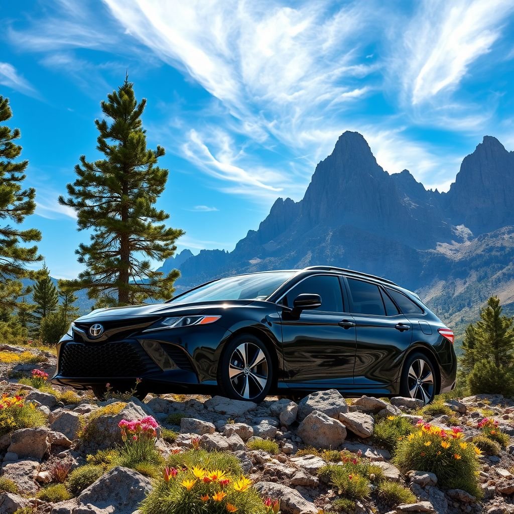 A sleek black 2021 Toyota Camry wagon, nestled among towering pine trees and jagged mountain peaks. Sunlight dapples the car's glossy surface, shadows casting intricate patterns. Rocky terrain sprawls beneath, vibrant wildflowers dotting the landscape. A breathtaking blue sky frames the scene, with wispy clouds drifting lazily overhead. Nature's majesty enveloping the vehicle.