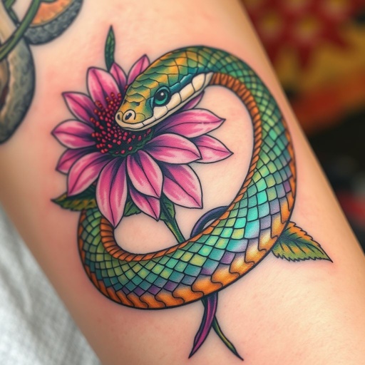 A vibrant depiction of a snake coiling around a delicate "Ecchinacea" flower, intricate details in scales shimmering with iridescent greens and blues. The tattoo ink flows delicately, the flora bursts with rich purples and pinks, contrasting with the snake's glossy surface. A backdrop of soft, blurred colors enhances this stunning artwork.