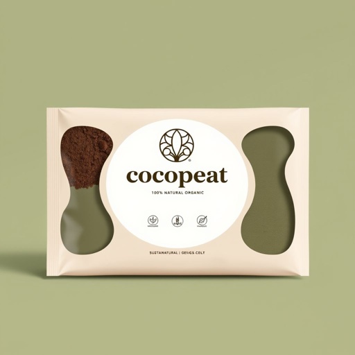 Elegant packaging design for cocopeat, 100% natural and organic. Neutral color palette, soft beige and muted greens. Sleek plastic material, custom die-cut shape exhibiting sophistication. Luxury style with intricate geometric icons and graphics. Bold, logo-centric branding, fostering trust and sustainability. Minimalist aesthetics, seamlessly blending nature with modern elegance.