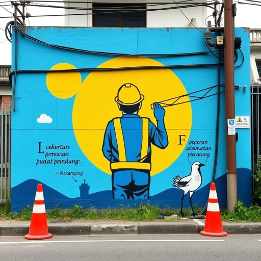 Mural bertema keselamatan untuk pegawai PLN, menampilkan simbol-simbol keamanan, seperti helm dan rompi reflektif. Latar belakang cerah dengan warna biru dan kuning, menggambarkan langit cerah. Ilustrasi pekerja listrik menggunakan alat pelindung. Pictogram aturan keselamatan tertulis di sekitar, dengan elemen alami, seperti pohon dan awan, menambah kedamaian.