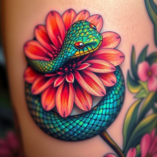 Colorful snake entwining a vibrant "Echinacea" flower tattoo, intricate scales shimmering with iridescent hues of emerald and sapphire. Soft petals radiating warm shades of pink and purple, delicate droplets of dew glistening. Subtle, alluring symmetry. Background softly blurred, hinting at an enchanting, dreamlike garden, exuding a sense of both danger and beauty.
