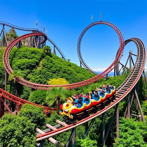 Majestic roller coaster winding through vibrant, lush landscape. Steel tracks glimmer under the sun, towering loops spiraling high against a clear blue sky. Colorful cars adorned with whimsical characters, gripping tightly to their seats. Excitement palpable, colorful flags fluttering atop soaring peaks, lush greenery framing the thrilling path below.