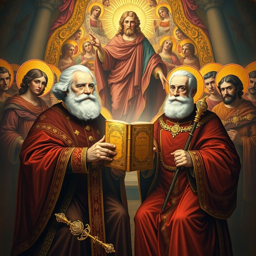 A vibrant Byzantine scene unfolds, featuring Marx and Engels adorned in elaborate robes, surrounded by ethereal saints. They hold a gilded version of "Capital," illuminated in golds and deep reds. ornate scepters rest nearby, symbolizing power. The background, a fresco of Christ Pantocrator, radiates divine authority and wisdom, captivating all who gaze.