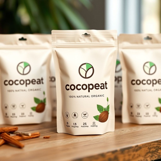Vibrant packaging showcasing cocopeat, 100% natural and organic. A neutral color palette evokes earthy tones, harmonizing with organic style. Soft plastic material enhances tactile appeal. Custom die-cut shape adds uniqueness. Flat icons and graphics illustrate product features. Logo-centric branding prominently displayed, emphasizing sustainability and authenticity, creating an inviting, eco-friendly aesthetic.