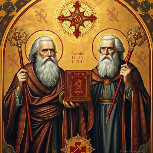 Byzantine masterpiece, rich golds shimmering, Marx and Engels depicted as saints, holding the revered "Capital". Intricate fresco textures, ornate scepters symbolizing power and authority. Iconography of transfiguration intertwines, celestial light illuminating figures. Elaborate backgrounds, symbolic patterns, and cherished motifs blend history with ideology, creating a sacred yet revolutionary tableau of thought.