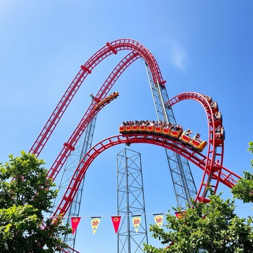 A towering roller coaster, intricate steel structure against a clear blue sky, vibrant colors of red and yellow. Twisting tracks loop and dive, accentuated by gleaming carriages filled with excited riders. Surrounding lush green trees, playful banners fluttering in the gentle breeze, and the distant sound of laughter echoing in the air.