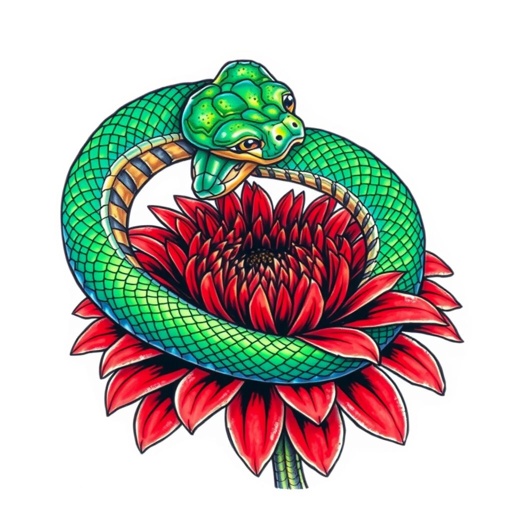 A striking illustration of a vivid snake entwined around a vibrant red echinacea flower. The snake’s scales shimmer with iridescent hues of emerald and blue, contrasting against the flower's rich petals. Intricate detailing of the tattoo's line work highlights the fusion of nature and body art, evoking a sense of allure and mystique.
