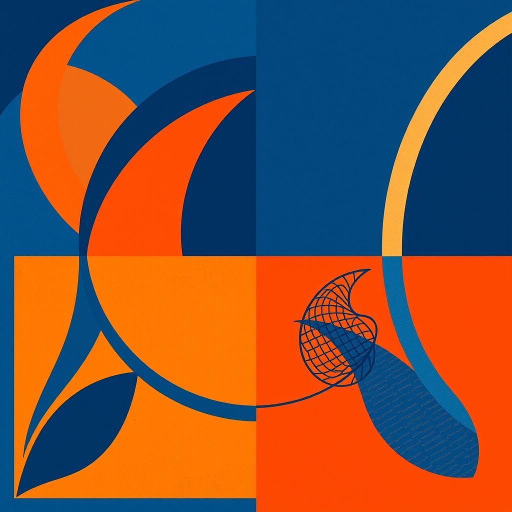 A vibrant Bauhaus-inspired artwork, featuring bold geometric shapes in complementary colors like deep blue and bright orange. Curved lines intertwine with sharp angles, creating a dynamic interplay. Matte textures add depth, while intricate patterns weave throughout the composition, showcasing asymmetry that captivates the eye. A harmonious blend of modernism and innovation.