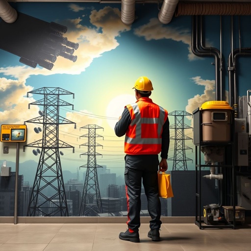 Mural futuristik, suasana kerja profesional PLN. Petugas teknis, panel listrik, tiang listrik, gardu distribusi. Alat Pelindung Diri lengkap: helm berwarna cerah, rompi safety, sarung tangan isolasi, sepatu boot, pelindung wajah. Simbol keselamatan: segitiga peringatan, rambu tegangan tinggi, garis pengaman. Teks edukatif: “Utamakan Keselamatan,” “Periksa Arus,” “APD Kewajiban.” Latar belakang: gardu listrik, panel kontrol, tiang tegangan tinggi, langit biru cerah, sinar matahari masuk, nuansa optimisme dan semangat. Kontras warna: kuning-hitam, oranye-biru, desain poster pelatihan profesional.