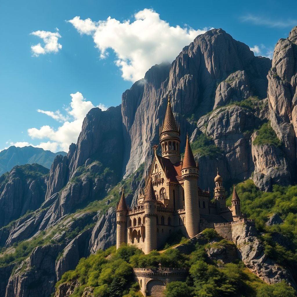 An imposing mountain backdrop, colossal stone walls cascading down rugged terrain. A majestic castle rests at the foot, adorned with intricate turrets and vibrant banners. Lush greenery surrounds the structure, contrasting earthy browns with rich greens. Distant clouds float lazily above, sunlight casting dramatic shadows across the formidable landscape.