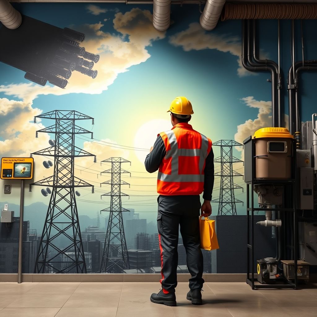Mural futuristik, suasana kerja profesional PLN. Petugas teknis, panel listrik, tiang listrik, gardu distribusi. Alat Pelindung Diri lengkap: helm berwarna cerah, rompi safety, sarung tangan isolasi, sepatu boot, pelindung wajah. Simbol keselamatan: segitiga peringatan, rambu tegangan tinggi, garis pengaman. Teks edukatif: “Utamakan Keselamatan,” “Periksa Arus,” “APD Kewajiban.” Latar belakang: gardu listrik, panel kontrol, tiang tegangan tinggi, langit biru cerah, sinar matahari masuk, nuansa optimisme dan semangat. Kontras warna: kuning-hitam, oranye-biru, desain poster pelatihan profesional.