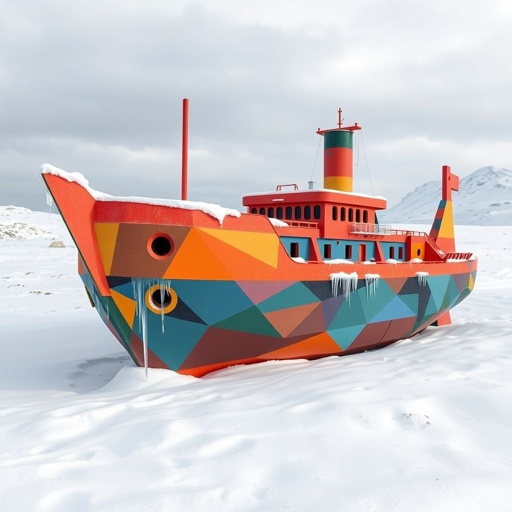 A medium-sized ship crafted from colorful concrete materials. Set against a snowy tundra biome, the hull, intricately designed, showcases angular forms and vibrant hues. Snow drifts softly against the ship’s rounded edges. Icicles dangle from the bow, while distant mountains loom under a pale, overcast sky, creating a serene atmosphere.