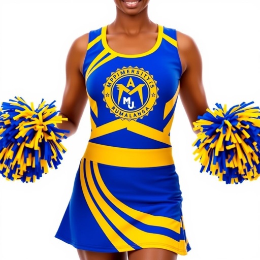 A vibrant cheerleading uniform showcasing the University of Mpumalanga emblem. Striking blue and gold color scheme, sleek spandex fabric hugging the body. Bold striped patterns accentuate the design. A stylish scoop neck neckline, complemented by sleeveless cut. Flirty above-knee skirt length. Cheerful pompons in hand, radiating energy and school spirit.