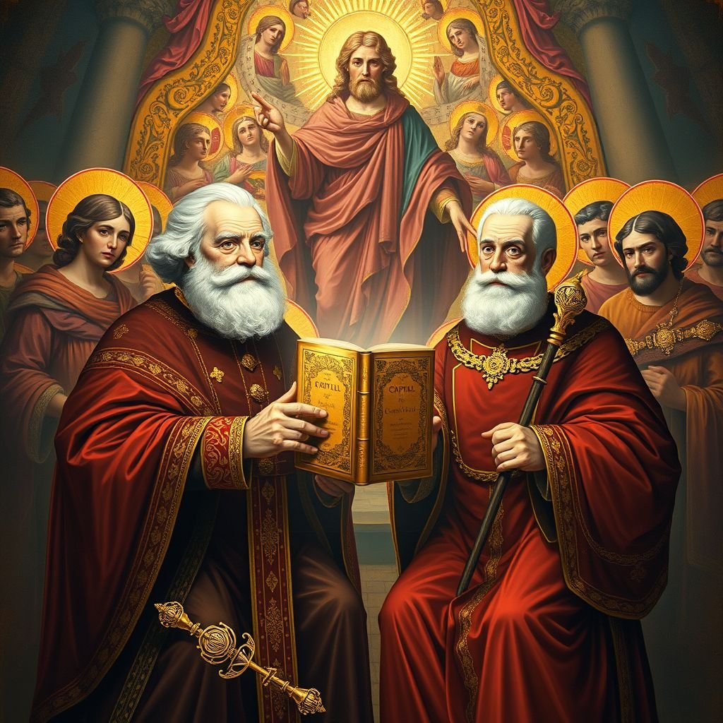 A vibrant Byzantine scene unfolds, featuring Marx and Engels adorned in elaborate robes, surrounded by ethereal saints. They hold a gilded version of "Capital," illuminated in golds and deep reds. ornate scepters rest nearby, symbolizing power. The background, a fresco of Christ Pantocrator, radiates divine authority and wisdom, captivating all who gaze.