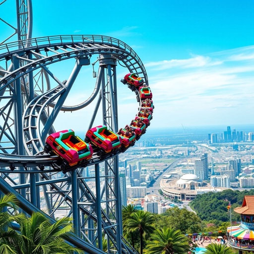 A towering roller coaster with sleek, metallic tracks spiraling through a vibrant amusement park. Colorful cars adorned with neon accents race along loops and sharp dives. A breathtaking view of the skyline in the background. Adrenaline and excitement captured in the air, surrounded by cheering crowds and lush greenery. Brightly colored flags fluttering.