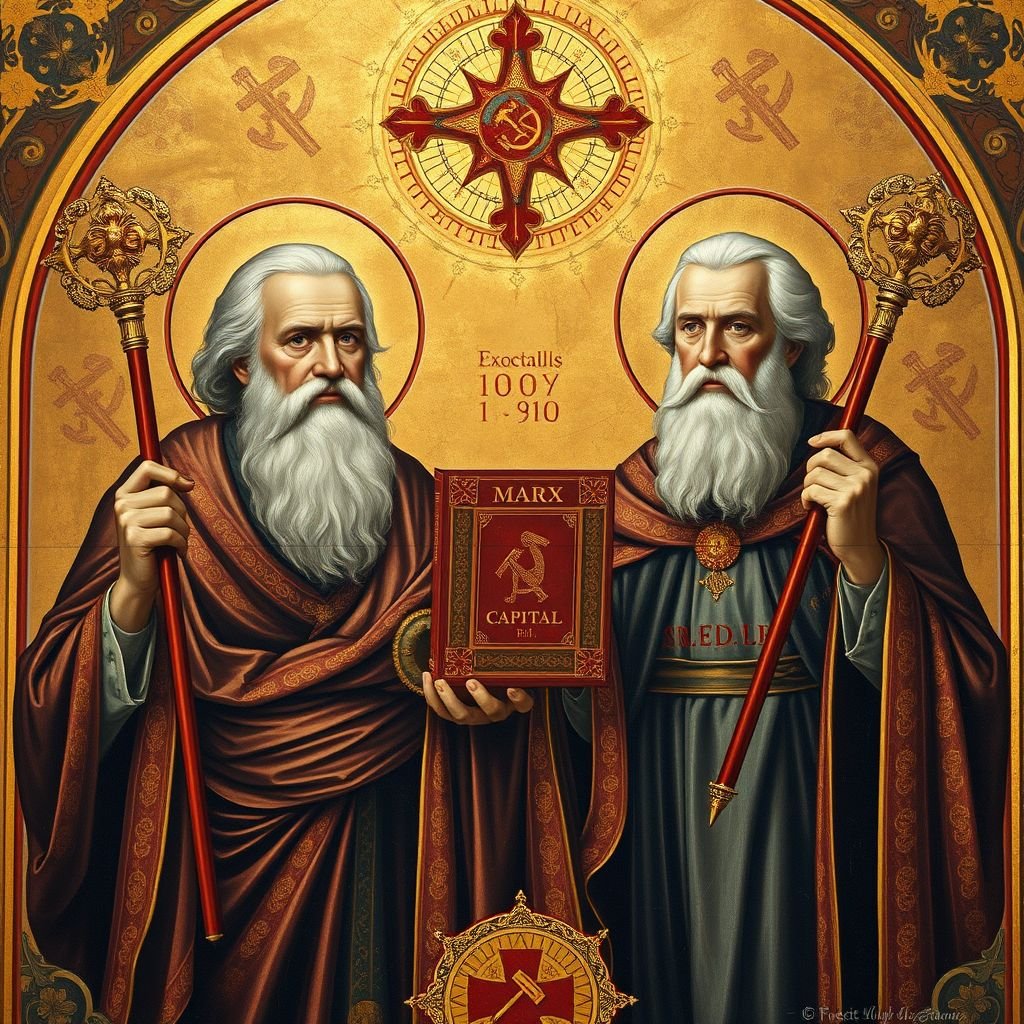 Byzantine masterpiece, rich golds shimmering, Marx and Engels depicted as saints, holding the revered "Capital". Intricate fresco textures, ornate scepters symbolizing power and authority. Iconography of transfiguration intertwines, celestial light illuminating figures. Elaborate backgrounds, symbolic patterns, and cherished motifs blend history with ideology, creating a sacred yet revolutionary tableau of thought.