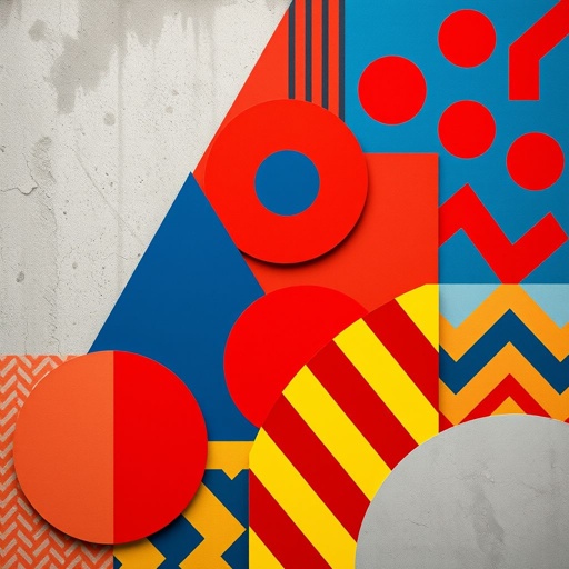 A vibrant composition blending Bauhaus aesthetics with Memphis design. Geometric forms collide—sharp triangles, bold circles, and zigzag patterns in vivid hues of red, blue, and yellow. Textured backgrounds featuring concrete and smooth surfaces contrast. Dynamic lines intersect playfully, creating a lively, energetic atmosphere. Retro vibes meet modern sophistication in perfect harmony.