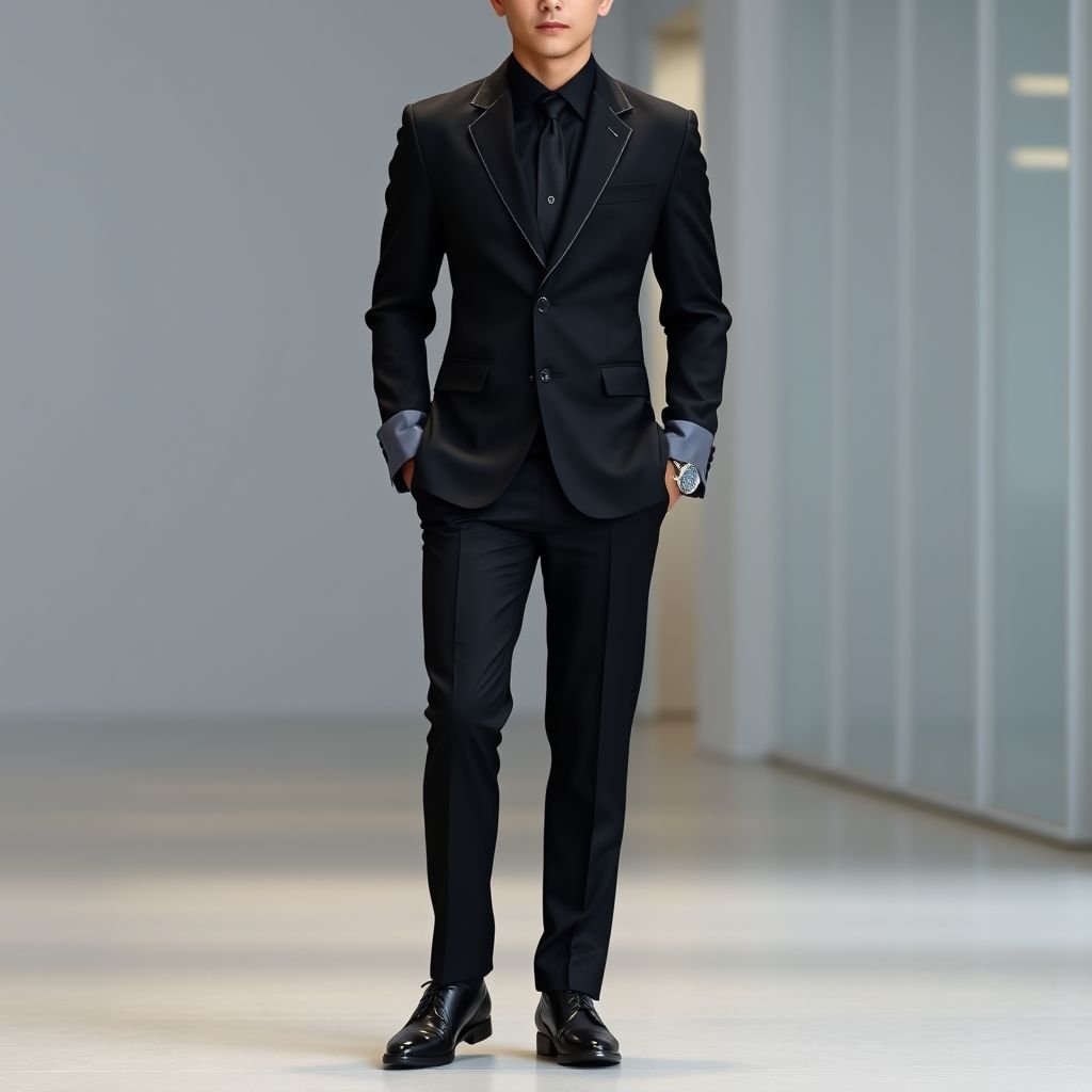 A sleek, tailored black uniform for an accountancy student, impeccable fit and sophisticated design. Gray accents on lapels and cuffs, subtle yet elegant. Smooth polyester fabric glimmers under office lights. Polished leather shoes, sharp and professional. Minimalist accessories, a crisp watch, understated yet functional. A confident, modern look for the aspiring professional.