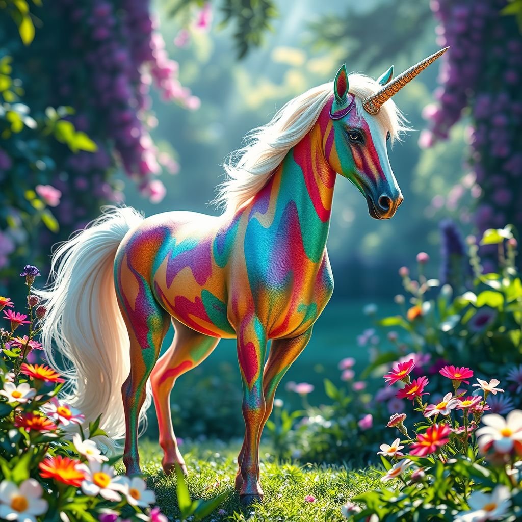 A majestic unicorn, standing gracefully in an enchanted garden. Vibrant rainbow colors splash across its marbled body, shimmering under soft sunlight. A tapered horn gleams, adorned with tiny, sparkling gemstones. Surrounding flowers bloom in fantastical hues, while lush greenery envelops the scene, creating a whimsical, magical atmosphere filled with wonder.