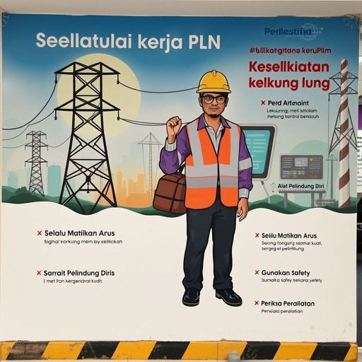 Mural edukatif bertema keselamatan kerja PLN. Ilustrasi dinamis lingkungan kelistrikan: gardu listrik menjulang, tiang listrik berdiri kokoh, panel kontrol berkilau. Pegawai mengenakan Alat Pelindung Diri: helm bersinar, rompi cerah, sarung tangan kuat, sepatu safety, kacamata pelindung. Teks tegas: "Selalu Matikan Arus", "Gunakan APD", "Periksa Peralatan". Gaya modern, informatif, menarik perhatian.