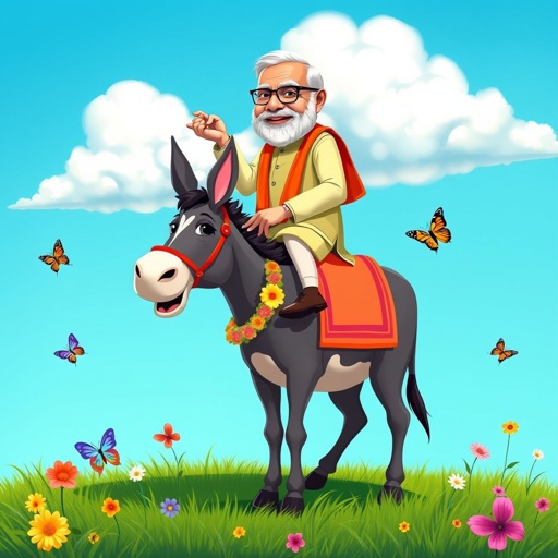 A whimsical scene featuring Narendra Modi perched atop a playful, cartoonish donkey. The donkey, adorned with vibrant colors and a flower garland, stands in a lush, green meadow. Bright blue sky above, fluffy white clouds drifting lazily. Nearby, colorful butterflies flutter, adding a touch of magic to the enchanting tableau.