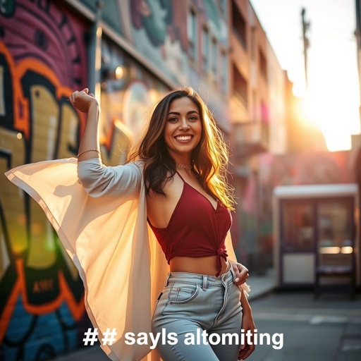 A vibrant urban setting, an influencer posing gracefully against a backdrop of colorful street art. Sunlight filters through golden hour hues, casting a warm glow. Stylish attire, flowing fabrics, and modern accessories. Radiant smile, inviting atmosphere. Engaging composition, mood of confidence and joy. A perfectly curated Instagram moment, hashtags glimmering below.