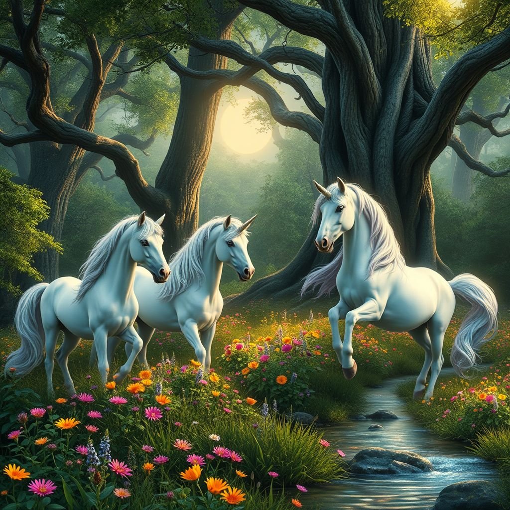 Unicorns in a mystical forest, shimmering silver coats under soft moonlight, iridescent manes flowing like liquid rainbows. Lush greenery surrounds ancient oak trees, their gnarled branches adorned with sparkling dew. Colorful wildflowers blanket the forest floor, delicate petals swaying in a gentle breeze. Ethereal glow radiates from a nearby crystal-clear stream.