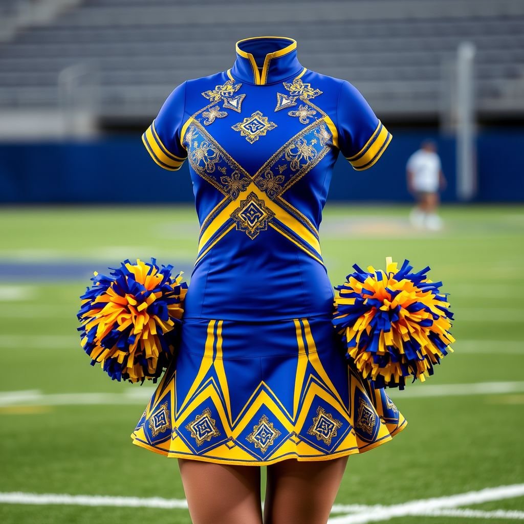 A striking cheer uniform in vibrant blue and gold tones. One-piece design, sleek spandex fabric, featuring dynamic geometric patterns intertwined with intricate embroidery embellishments. High neck neckline enhances elegance, short sleeves provide a modern flair. Above-knee skirt showcases playful movement, completed with fluffy pompoms, radiating spirit and energy on the field.