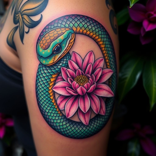 Vibrant, intricate snake tattoo coiling around a delicate flower, "Echinacea." Rich colors of emerald green and deep purple, scales shimmering with hints of gold. Intricate patterns on the snake's body, contrasting with the soft, pink petals of the Echinacea. Background blurred, a hint of exotic foliage surrounding the design.
