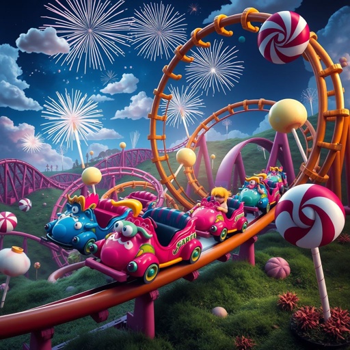 A whimsical roller coaster spiraling through a vibrant fantasy landscape. Brightly painted cars shaped like mythical creatures race along twisting tracks. Cotton candy clouds float overhead, and oversized lollipops dot the scenery. A backdrop of sparkling fireworks illuminates the night sky, while joyful laughter echoes throughout the enchanting atmosphere.