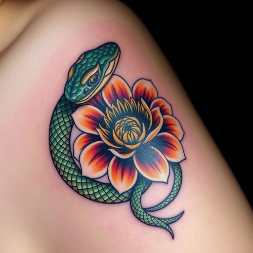 A captivating design featuring a stunning snake entwined around a vibrant "Ecchinacea" flower. Intricate scales shimmer in hues of emerald and gold. The tattoo detailed and bold, positioned on soft skin. Delicate petals contrast with the snake’s sinuous form, evoking a sense of allure and natural beauty, nestled in shadows.