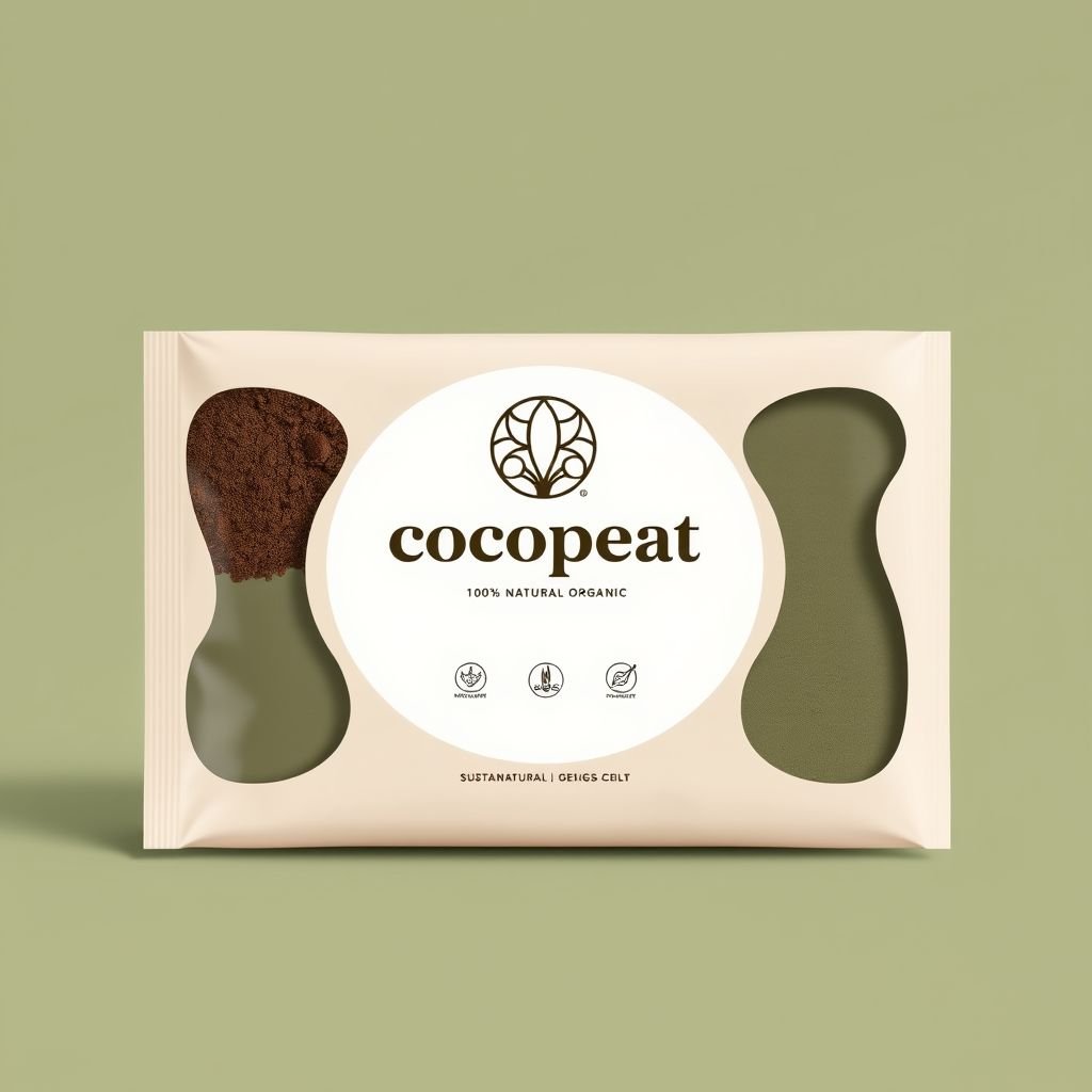 Elegant packaging design for cocopeat, 100% natural and organic. Neutral color palette, soft beige and muted greens. Sleek plastic material, custom die-cut shape exhibiting sophistication. Luxury style with intricate geometric icons and graphics. Bold, logo-centric branding, fostering trust and sustainability. Minimalist aesthetics, seamlessly blending nature with modern elegance.