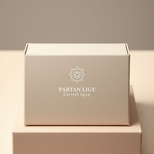 Sophisticated packaging design, harmonious balance of soft beiges and muted greys. Sleek, glossy cardboard surface meets modern aesthetics. Rectangular form provides structure. High contrast color scheme highlights elegant flat icons and graphics, enhancing visual allure. Prominent logo, artisan craftsmanship, exudes luxury. Ideal for discerning customers valuing refined sophistication and exclusive elegance.