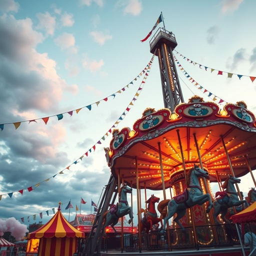 A whimsical amusement ride, towering wooden structure adorned with colorful flags, light bulbs flickering against the twilight sky. Spiraling carousel horses, intricately painted, glistening with glitter. Joyful laughter emanating from delighted children. Candy stands nearby, bright red and yellow tents, cotton candy clouds drifting overhead. Whirling motion, vibrant energy, endless fun.