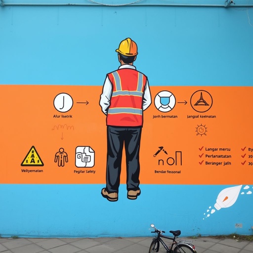 Mural berwarna cerah, latar belakang biru langit, gambar petugas PLN mengenakan alat pelindung diri, simbol keselamatan seperti helm dan sepatu safety, jalur listrik berpendar, ikon peringatan, diagram langkah keselamatan, latar belakang kegiatan pemeliharaan jaringan, bendera keselamatan berbendera hijau, nuansa profesional, benang merah pesan berjaga-jaga.