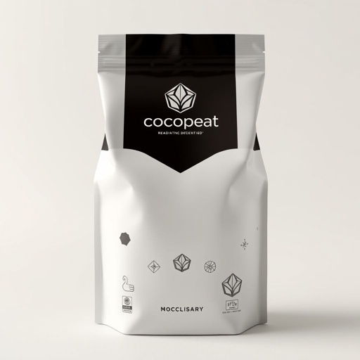 Elegant packaging design featuring cocopeat, presented in a neutral color scheme. Sleek plastic material showcases custom die-cut shape, emphasizing luxury style. Geometric icons and graphics adorn the surface, enhancing visual interest. A prominent logo-centric branding captures attention, embodying sophistication and modernity, seamlessly merging functionality with aesthetic appeal in a harmonious composition.