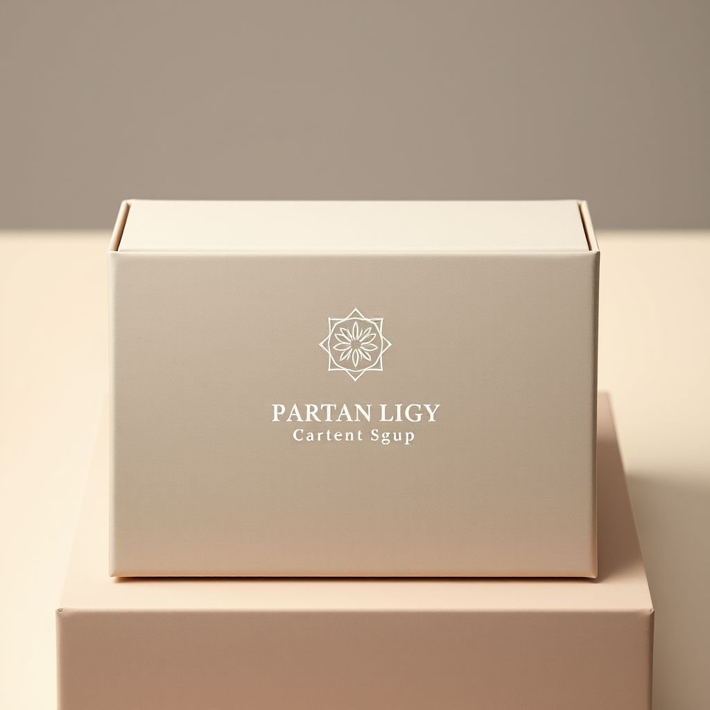 Sophisticated packaging design, harmonious balance of soft beiges and muted greys. Sleek, glossy cardboard surface meets modern aesthetics. Rectangular form provides structure. High contrast color scheme highlights elegant flat icons and graphics, enhancing visual allure. Prominent logo, artisan craftsmanship, exudes luxury. Ideal for discerning customers valuing refined sophistication and exclusive elegance.